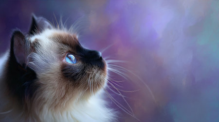 A close-up image showcases a domestic cat with distinctive markings and striking blue eyes. The cat is looking upwards against a soft, blurred backdrop of violet and blue hues. The composition uses shallow depth of field, creating a dreamlike ambiance. Suitable for various editorial and commercial applications, including marketing materials.の素材