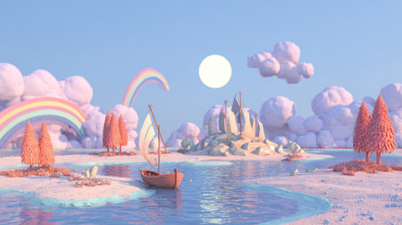 An illustrated scene showcases a small sailboat navigating a serene body of water. The composition is filled with stylized clouds, a full moon, and a rainbow. The color palette includes pastel hues of blue, pink, and orange. The rendering presents a whimsical and dreamy quality, potentially suitable for various creative projects.の素材