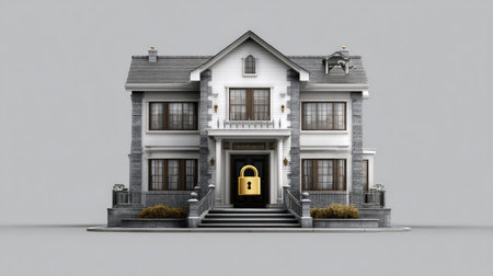 A grayscale illustration portrays a detailed house facade with a focus on its entrance. The composition features a central, symbolic gold lock against the door, suggesting security. The image exhibits a clean style, likely digital, with a neutral background. Suitable for conceptual representations, the image may find applications in real estate or related fields.の素材