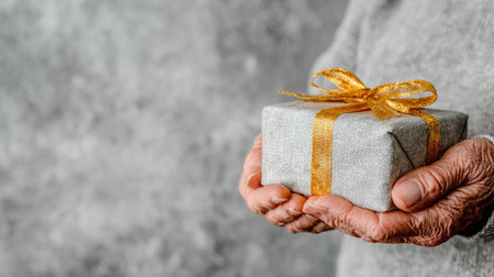 An aged person holds a wrapped present, featuring a textured gray wrapping with a golden ribbon. The image showcases a close-up composition, capturing the details of the hands and gift. The background presents a soft, neutral gray, offering ample copy space. This photograph could be used for various commercial or editorial purposes.の素材