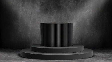 A dark, cylindrical pedestal stands centered, showcasing a minimalist design. The background features a textured concrete wall, subtly lit by spotlights. The monochromatic color scheme emphasizes the product. This image is suitable for advertising, product promotions, and design presentations, offering a clean aesthetic for various commercial applications.の素材