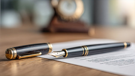 A classic black and gold fountain pen lies open on a white paper. The shallow depth of field keeps the focus on the pen and the paper. The image suggests concepts such as writing, contracts, or agreements. The composition may be useful for various commercial applications or editorial content.の素材