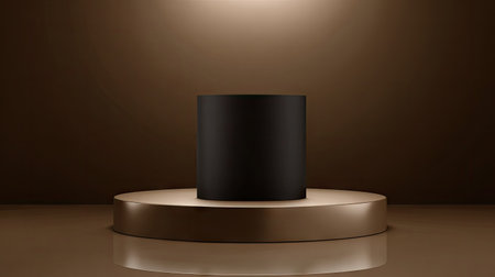 A dark cylinder is showcased on a golden, circular podium, set against a rich, warm brown backdrop. The composition features soft lighting and a reflective surface, emphasizing the objects' textures. Ideal for product displays, presentations, or various commercial and editorial applications, this image offers versatile design potential.の素材