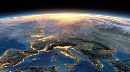 This image showcases planet Earth from space, emphasizing the night side illumination. It presents a view of the continents with visible city lights against a backdrop of the atmosphere. The composition includes a gradient of colors with a sunrise or sunset glow. It could be used in various commercial or editorial contexts.の素材