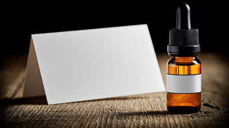 A close-up captures an amber-colored essential oil bottle with a dropper alongside a blank white card. The composition features a wooden surface, suggesting a natural setting. The lighting creates shadows, highlighting the textures and forms. Suitable for illustrating wellness, beauty, or related concepts in marketing and editorial projects.の素材