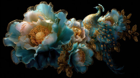 This artwork features a decorative peacock and large peony flowers with intricate details. The color palette includes shades of turquoise, gold and white on a black background. The style may be suitable for wall art, textile design, or other decorative applications. The composition emphasizes elegance and sophistication.の素材