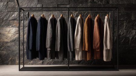 A collection of coats in various neutral tones hangs on a metal rack. The composition features a symmetrical arrangement with varying shades of gray, brown, and beige. The lighting appears soft, possibly from a studio setting, highlighting the textures of the garments, ideal for commercial fashion promotions.の素材