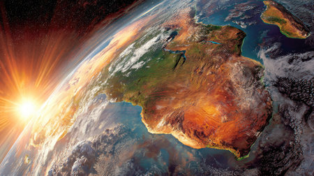 This image presents a vibrant view of Earth from space, capturing continents and the atmosphere. The composition emphasizes a sunrise, showcasing warm colors and bright light. The image could be used for educational materials, scientific publications, or visual storytelling regarding environment.の素材