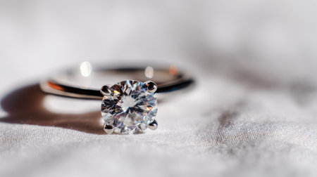 A close-up captures a diamond ring set against a white, textured backdrop. The ring's band is silver, accentuating the brilliance of the central gemstone. Soft lighting and shallow depth of field create a focus on the diamond. This image could be suitable for advertising, editorials, or design projects related to jewelry.の素材