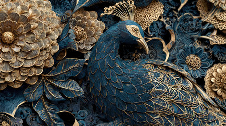 A detailed illustration features a peacock amid floral arrangements. The image uses a rich palette of blues and golds. The textures suggest fabric or carved relief, and the composition is a close-up, providing a sense of depth and artistry. Ideal for various commercial uses.の素材