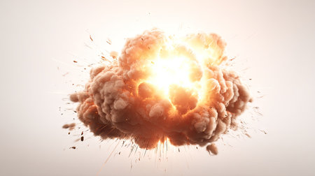 A dynamic image depicts a large explosion with a central bright light source surrounded by a billowing cloud of smoke and fire. The composition showcases an overhead perspective against a plain white backdrop. This visual element is potentially suitable for commercial and editorial applications, emphasizing impact and dynamism.の素材