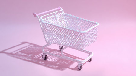 An empty shopping cart sits isolated on a smooth, pink surface, casting a long shadow. The cartの素材