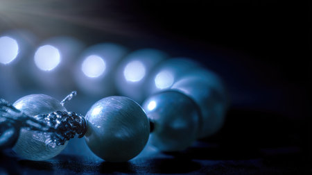 A close-up shot presents a strand of luminous pearls, highlighted against a deep black backdrop. The pearls display a soft, white color with subtle highlights, arranged in a line. The composition utilizes shallow depth of field, with soft lighting enhancing the textures, perfect for various commercial and artistic projects.の素材