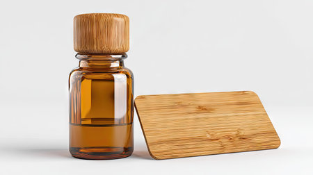 A brown glass bottle with a wooden lid sits beside a wooden plate against a plain white backdrop. The composition features warm tones and highlights the textures of the wood and glass. Suitable for illustrating wellness, health, or cosmetic themes. This image could be used in various commercial applications.の素材