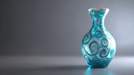 A teal glass vase with an elaborate swirling design is the central subject, set against a dark, neutral backdrop. The vase presents a glossy texture, reflecting light. The image features a shallow depth of field. This composition could be suitable for various commercial or decorative applications.の素材