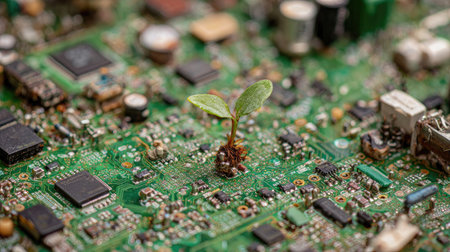 An overhead shot reveals a detailed green circuit board with various components. At the center, a small plant sprout emerges, showcasing a contrast between technology and nature. The composition uses shallow depth of field, with green and brown hues dominating, suggesting an outdoor environment. This image is suited for illustrating concepts of eco-friendly technology and innovation.の素材