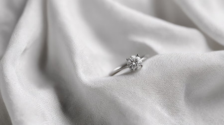 A close-up captures a sparkling diamond ring delicately placed on a flowing white fabric. The composition showcases the ring's intricate design with a soft focus background. This image highlights the interplay of light and shadow, suggesting luxury and sophistication. Suitable for various editorial and commercial applications.の素材