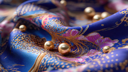 This image showcases a detail of patterned silk fabric with several golden spheres. The fabric displays blue, purple, and gold tones in a soft, flowing arrangement. The lighting suggests a studio environment. This image could be used for various design, decorative, or artistic purposes.の素材
