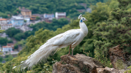 A striking white peacock is showcased, standing proudly on a rock. The image features soft lighting and a natural composition. The bird's pristine white plumage contrasts against the green foliage. Suitable for various projects needing a touch of natural beauty and elegance, including editorial or commercial designs.の素材