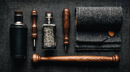 An assortment of kitchen tools and accessories are presented on a textured dark fabric. The composition showcases various items with wooden and metallic elements. The lighting emphasizes the details and textures of the objects, which could be used for culinary or design projects. The arrangement suggests a focus on presentation and quality.の素材