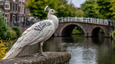 An exquisite white peacock stands proudly in front of a picturesque scene. The image showcases the bird's unique plumage. The background includes a serene waterway, an arched bridge, and lush greenery. Suitable for various editorial and commercial applications.の素材