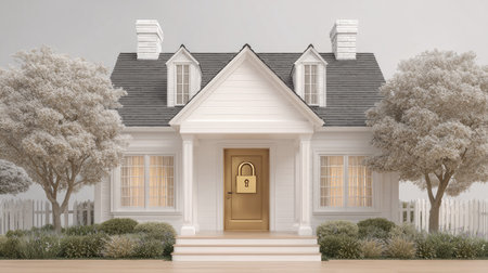 A white house featuring a locked golden door, windows, and a dark roof is presented in a daytime setting. Flanking the structure are stylized trees and bushes, with soft lighting enhancing the architectural details. This image is suitable for concepts related to security, real estate, and home ownership in various commercial applications.の素材