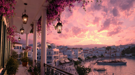 An inviting view features a coastal town at dusk, with buildings and a body of water under a colorful sky. Blooming flowers adorn an exterior structure illuminated by decorative lanterns. The image showcases a harmonious blend of nature and architecture, suitable for various promotional and artistic applications.の素材