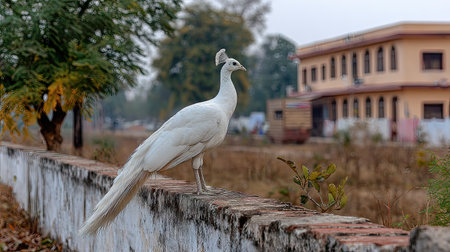 A striking white peacock is featured, perched atop a brick wall, with its feathers elegantly displayed. The image showcases a natural outdoor setting, with a blurred building in the background. The scene suggests a tranquil atmosphere, potentially suitable for various commercial or editorial applications.の素材