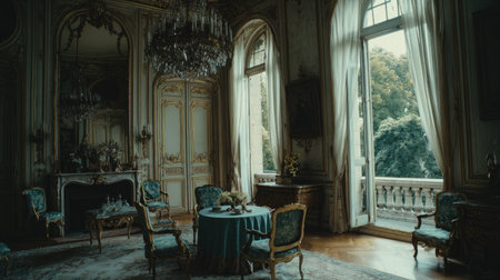 An interior shot reveals an opulent room featuring antique chairs, a round table, and a grand fireplace. The scene is illuminated by natural light streaming through large windows, highlighting the ornate details and textured walls. This image could be used for various commercial projects related to design or luxury lifestyle.の素材