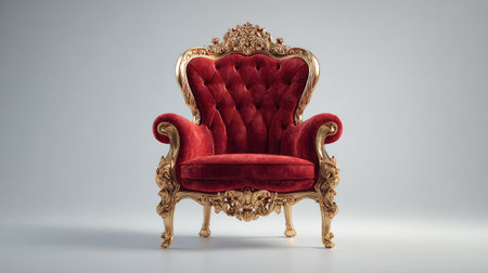 A regal throne chair, featuring deep red velvet upholstery and elaborate gold-colored ornamentation, is centrally positioned. The composition highlights the chair's luxurious texture and classic design. The neutral background emphasizes the chair's visual impact, suitable for commercial projects or editorial illustrations. The lighting highlights the textures.の素材