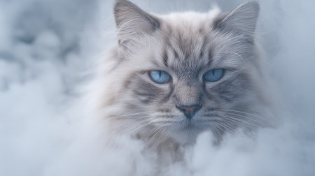 A close-up view presents a cat with light-colored fur and piercing blue eyes. Soft, diffused lighting gently illuminates the scene. The composition is artistic, surrounded by a hazy white cloud-like environment. This imagery is suitable for various creative projects, including editorial features and commercial advertising.の素材
