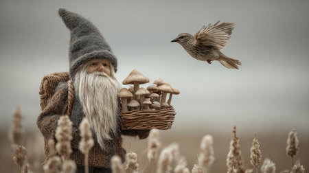 A whimsical scene depicts a gnome carrying a basket filled with mushrooms while a bird takes flight. The image presents a neutral color palette with earthy tones and soft focus. It evokes a fairytale setting. Suitable for various creative projects, including editorial features and illustrative elements.の素材