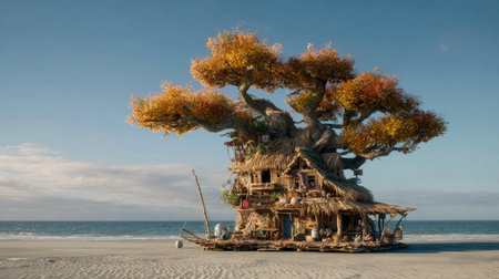 A whimsical tree house structure resides on a sandy beach under a clear, blue sky. The architectural composition combines organic and man-made elements with warm, natural tones. The lighting suggests daytime conditions. This image is suitable for various commercial purposes, including illustration and creative projects.の素材