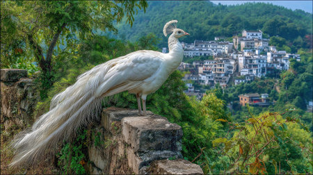 A striking white peacock stands atop a weathered stone wall, its long tail feathers flowing gracefully. The image showcases a vibrant composition with lush green foliage and a backdrop of buildings nestled amongst the trees. The scene is bathed in natural light, suggesting a daytime setting, suitable for various editorial and commercial applications.の素材