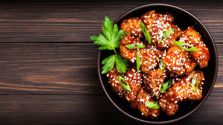 This image showcases a bowl of cooked chicken pieces, coated in a sauce and garnished with sesame seeds and green herbs. The dark wooden surface provides a backdrop for the food presentation. The style is detailed, and the overhead shot highlights the texture of the dish. This image is suitable for culinary, food, and recipe content.の素材