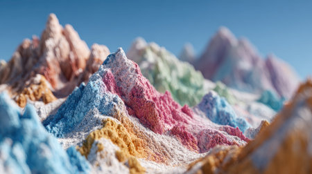 This image presents an abstract landscape featuring a series of colorful mountain peaks. The composition emphasizes vibrant hues, contrasting textures, and soft lighting. The scene suggests a stylized environment, possibly suitable for various commercial or editorial applications related to nature or design themes.の素材
