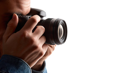 A person is using a digital camera. The image is taken close up showing the camera and eye of the photographer. The background is white. The image could be used for advertising, editorial, or commercial applications.の素材