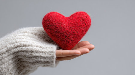 A person's hand, adorned with a knitted sweater, delicately presents a vibrant red heart-shaped object. The image showcases a close-up composition, with soft lighting illuminating the textures. Ideal for conveying themes of love, care, or health within diverse creative projects.の素材