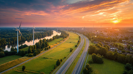 An aerial perspective showcases wind turbines generating power alongside a highway and a river. The composition is bathed in the warm hues of a sunset, featuring a blend of green fields, trees, and an orange sky. This imagery could be utilized for discussions on renewable energy, environmental themes, and sustainable development.の素材