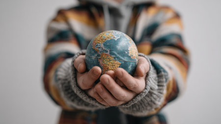 A person's hands cradle a small globe, showcasing continents and oceans. The image features a shallow depth of field, with the globe in sharp focus against a soft, neutral background. The person wears a patterned sweater, suggesting an indoor setting. This image could be used for illustrations on global issues, education, or travel.の素材