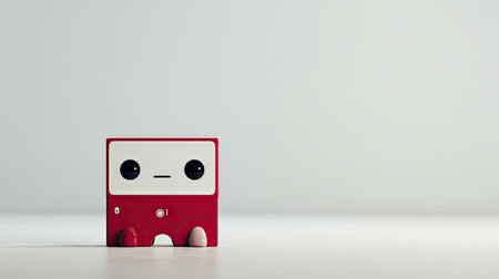 An abstract, geometric toy character is the main subject in this image. The toy, rendered in shades of red and white, exhibits a minimalist style. The composition, set against a plain white background, suggests a studio environment with soft lighting. Potential uses include design elements or illustrations.の素材