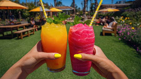 Two hands hold vibrant glasses filled with chilled beverages garnished with mint leaves. One drink is orange and the other pink, contrasting against a blurred green backdrop. The scene suggests a sunny day in an outdoor setting, potentially a garden or patio, suitable for advertisements or editorial content.の素材
