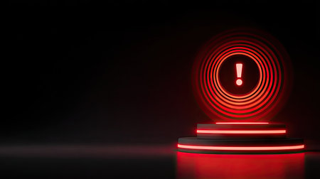 An exclamation mark symbol glows brightly, centered on a multi-tiered pedestal. The image exhibits a vibrant red hue with circular light effects. The lighting appears dramatic, suggesting a studio environment. This visual could be useful for commercial projects or editorial content needing attention-grabbing imagery.の素材