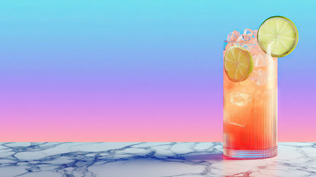 A tall glass features a vibrant, layered cocktail filled with ice and citrus slices. The drink sits on a marble surface against a soft, gradient background. This artistic composition showcases a refreshing beverage, suitable for advertising, culinary, or lifestyle publications. The image evokes a sense of summer and enjoyment.の素材