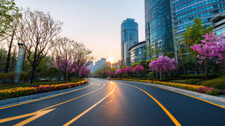 An asphalt road curves through a modern city, flanked by tall buildings and colorful trees in full bloom. The composition captures the natural light of the morning or evening with a warm tone, and offers copy space. Suitable for editorial and commercial applications such as travel, urban development or infrastructure.の素材