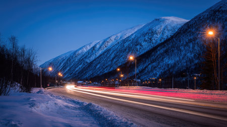 A long exposure photograph depicts a road leading into a mountain range at twilight. The composition features streaks of light from passing vehicles against the dark road surface. The scene showcases snow-covered terrain, a clear sky, and the use of artificial lighting suitable for various editorial and commercial applications.の素材
