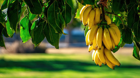 A close-up view displays a bunch of ripe bananas suspended from a tree branch. The yellow fruit contrasts with the surrounding green leaves. The composition is bright, and sunlight illuminates the scene, hinting at an outdoor setting. This image could be used for various commercial projects related to food or nature.の素材