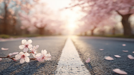 An open road, with a central white line, leads towards bright sunlight. The scene is dominated by flowering trees with pink blossoms and scattered petals. The composition and soft lighting suggest a peaceful atmosphere outdoors. Suitable for various editorial and commercial applications.の素材