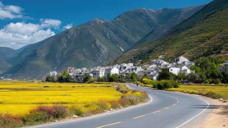 An asphalt road curves through a valley filled with yellow flowers, leading to a small village nestled below a towering mountain range. The image showcases a bright, natural color palette, with clear skies and sunlight. This scene may be suitable for travel, tourism, and environmental themes.の素材