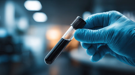 A gloved hand holds a vial with a dark liquid sample against a blurred laboratory backdrop. The composition highlights the vial as the central element. The image displays cool tones and likely pertains to scientific research or medical testing. Its visual characteristics make it suitable for scientific publications or commercial projects.の素材